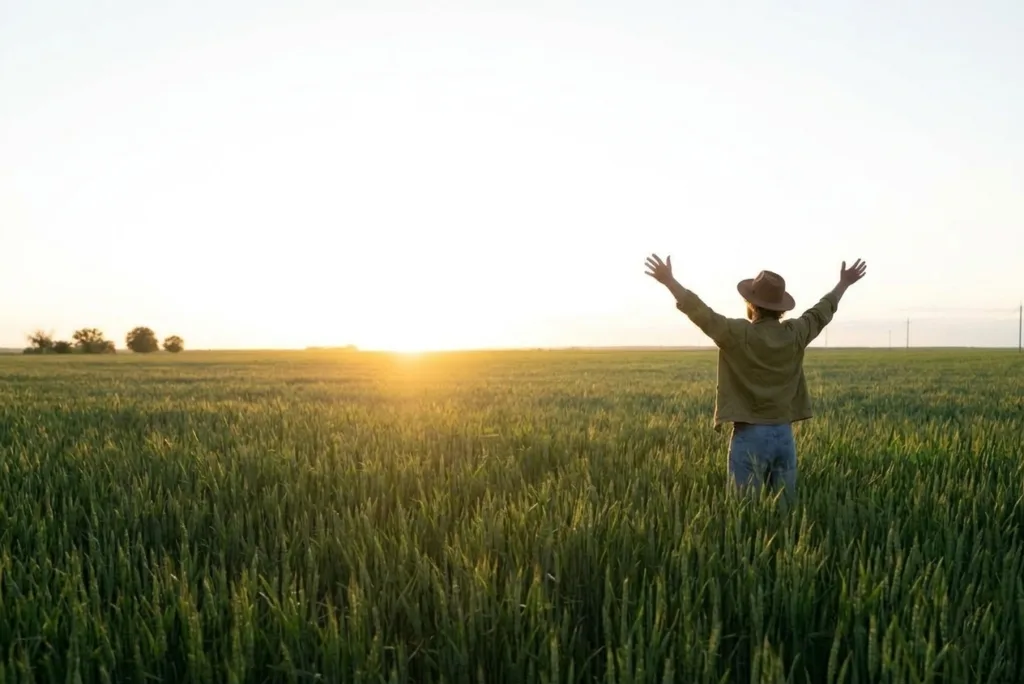 Person in a field with arms raised at sunset, symbolizing clarity after working with a life coach